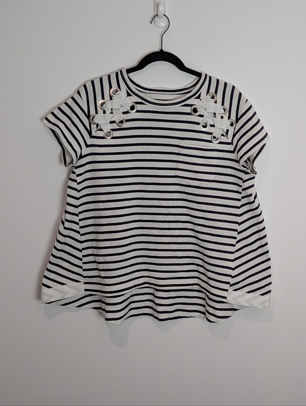 Sacai Lace Up Striped Asymmetrical Top Size 4/XL Lagenlook Thick Cotton